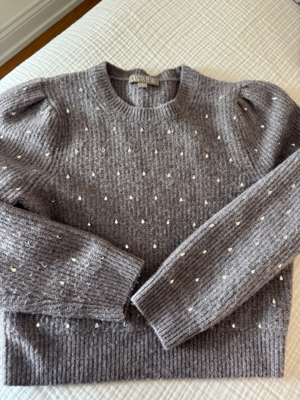 J. Crew Purple Gray Puff-Sleeve Crewneck Sweater with rhinestone Dots